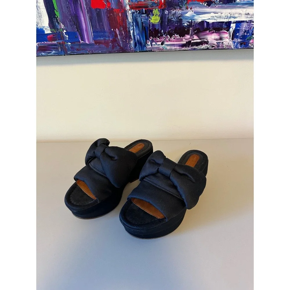 Chie Mihara Black Satin Bow Platform Slides | Size 36